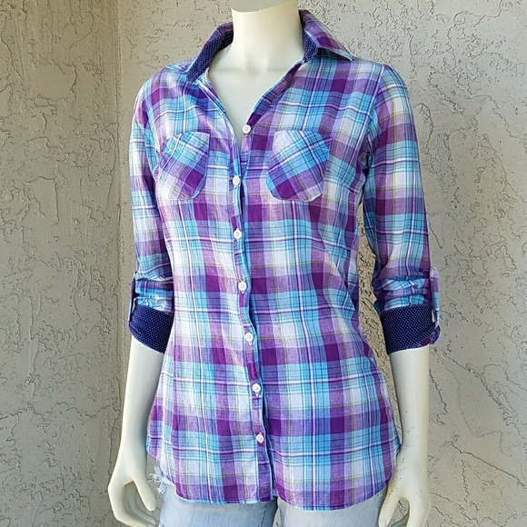 Emporio Denin Tops - Emporio Denin Ultra Violet Plaid Tab Sleeve Shirt